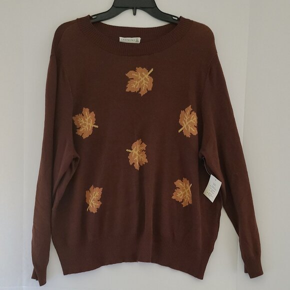 PLUS SIZE RETROLOGY TOSSED LEAF CREWNECK SWEATER| CHOCOLATE FONDANT COMBO |SZ 2X - Picture 4 of 10